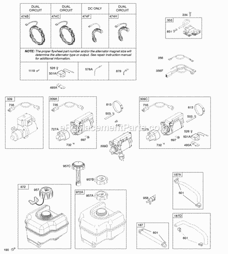 Alternator Electric Starter Fuel Supply Ignition Diagram and Parts List for 20M214-0539-E1  Briggs and Stratton Engine